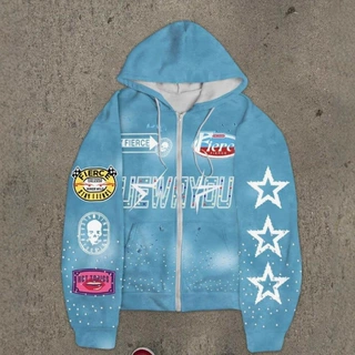 2025新款外贸热销女士拉链卫衣3D数码印花星星图案抓绒卫衣高街
