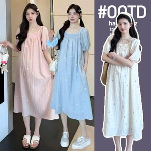 Maternity Wear Korean Style Age-Reducing Loose Embroidered Square Neck Dress Covering Belly and Slimming Mid-Length Gentle Trendy Mom Skirt