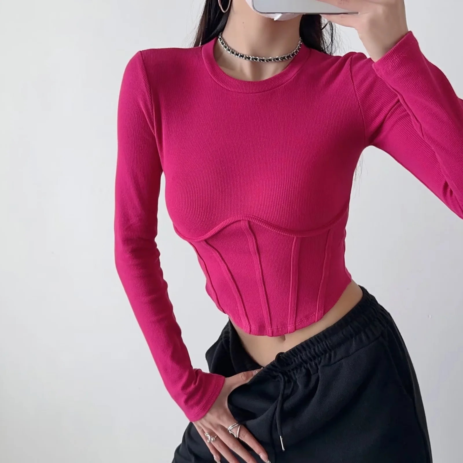 Stickad damtopp med lång ärm och fiskbensmönster slim fit_voghion.com