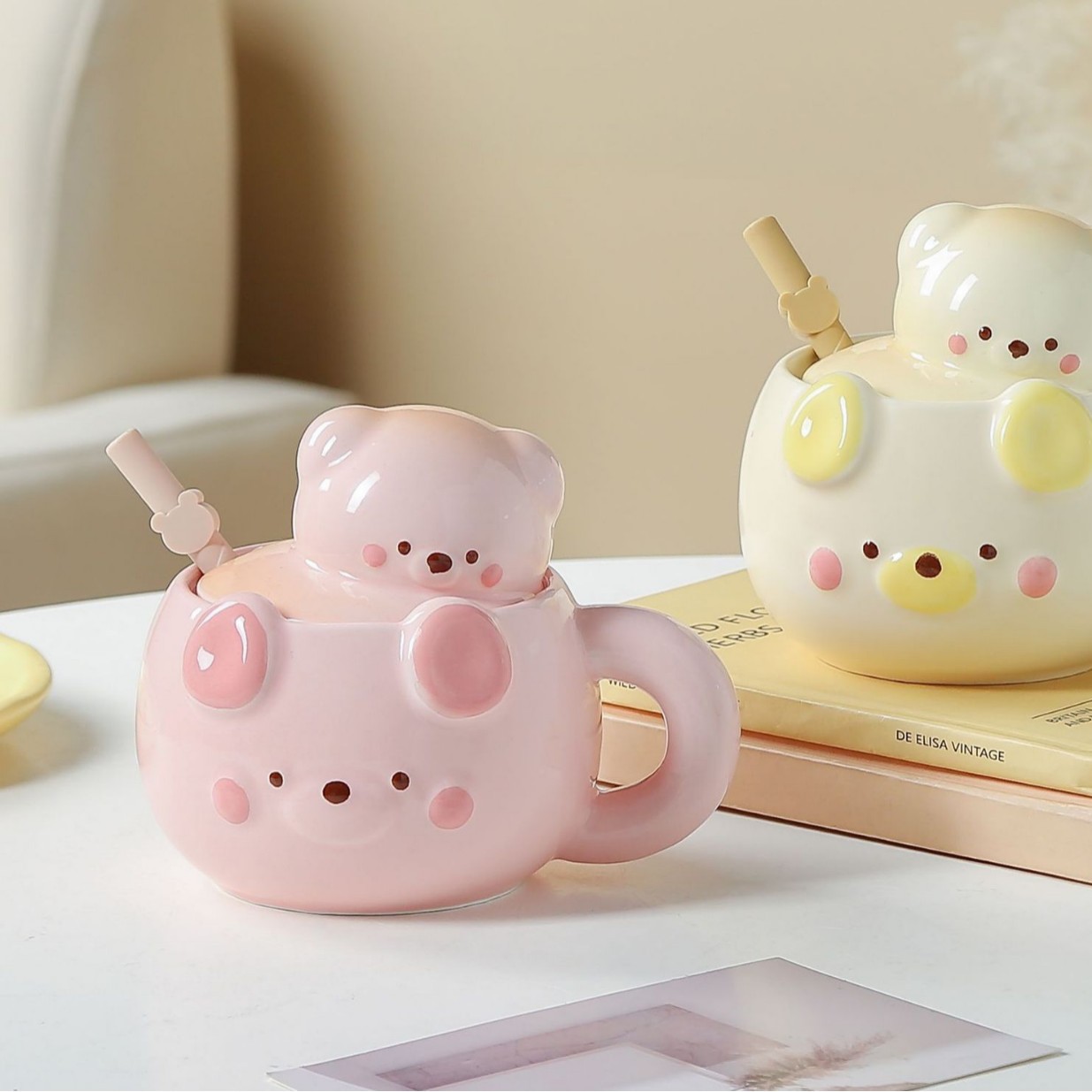 Creativo dibujos animados lindos tazas de cerámica osos tridimensionales de alto valor facial para el hogar taza de leche taza de desayuno regalo de cumpleaños