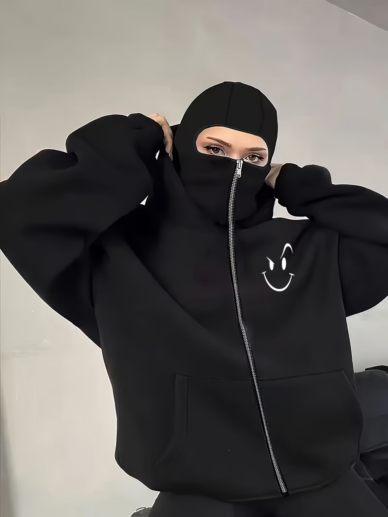 Women's Clothing Fleece Lined Hooded Cardigan Coat Smiley Face Print Double Layer Casual Style Autumn Winter Fashion_ecoleips.com