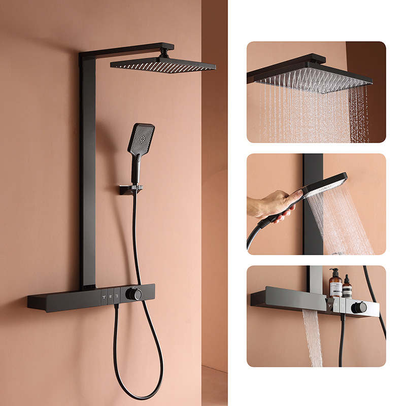 Pistola gris botón temperatura constante ducha baño alargado gran mesa de almacenamiento lluvia voladora sobrealimentada montado en el hogar traje de ducha de baño