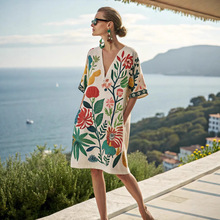 2025夏欧美跨境独立站亚马逊新款宽松印花V领女士休闲度假连衣裙