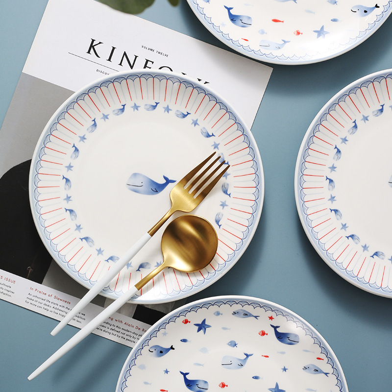 Grey Building Nordic Dolphin Plate Ceramic Tableware Dishes and Dishes Set Cartoon Household Western Food Plate Restaurant Steak Plate