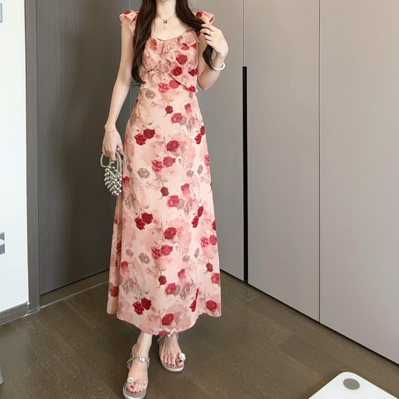 フレンチピンクの花柄サスペンダードレス女性の夏の2025新しいスタイルの美しい超見栄えの良い海辺の休暇ビーチロングドレス|undefined