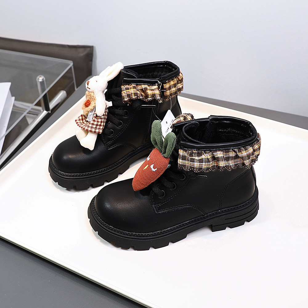 2025 Winter Brand Two-Cotton Short Plush Children's Shoes Korean Style Girls' Leather Boots Children's Short Boots Mid-Calf Martin Boots 5025