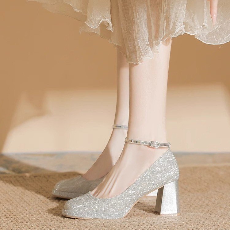 Waterproof Platform Thick Heel New Mary Jane Crystal Shoes One-Line Buckle Wedding Shoes Bridal Shoes Small Square Toe High Heels for Women