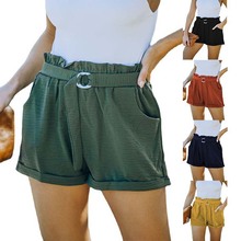 2023亚马逊跨境夏季新款欧美宽松腰系带口袋纯色高腰休闲短裤女
