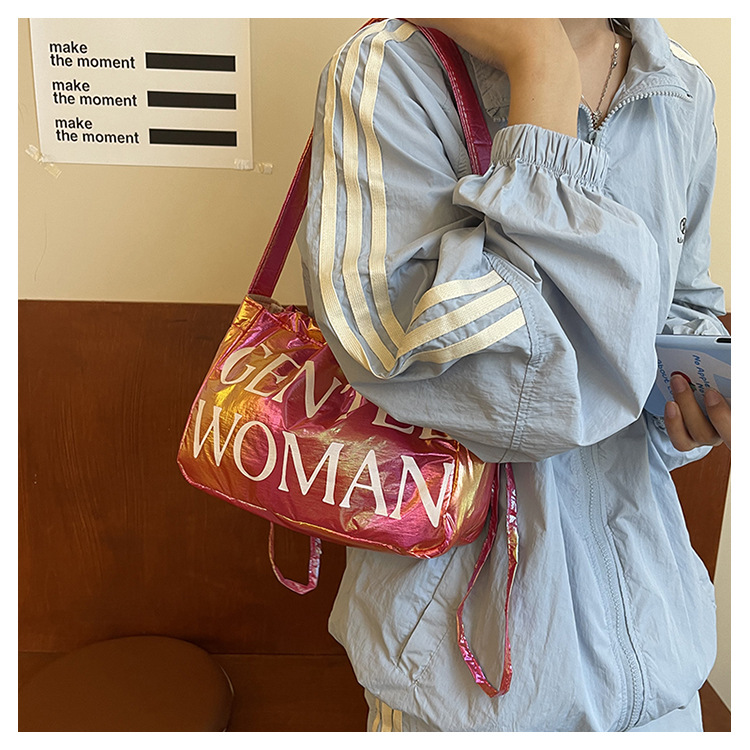 Candy colored new letter printed drawstring shoulder niche design dumpling women's armpit bag_voghion.com
