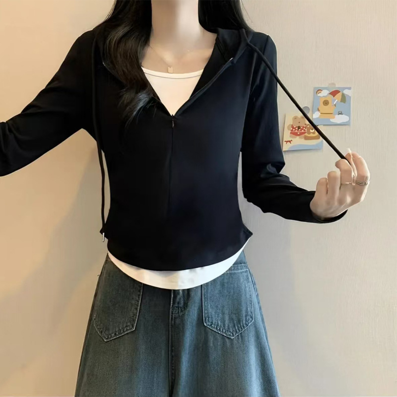 Casual Fake Two-Piece Hooded Zipper Top Women's 2025 Early Autumn New Contrast Color All-Match Slim Look Hoodie Waist Sweater Casual Fake Two-Piece Hooded Zipper Top Women's 2025 Early Autumn New Contrast Color All-Match Slim Look Hoodie Waist Sweater