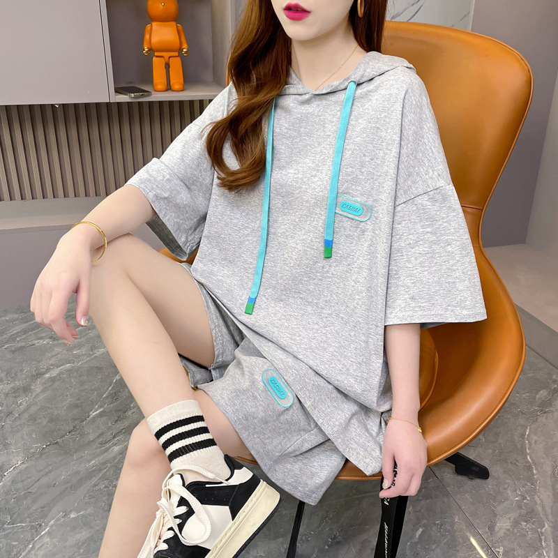 2026 Summer Plus Size 150kg Fashionable Versatile Casual Hooded Internet Celebrity Short Sleeve Shorts Two-Piece Set For_ecoleips.com