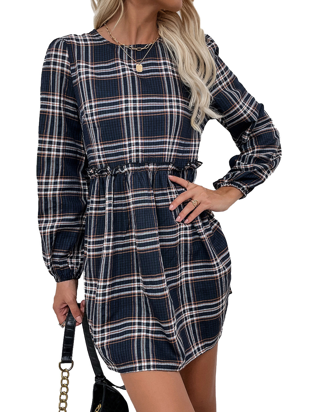 casual loose long-sleeved plaid dress nihaostyles wholesale clothing NSDF84897