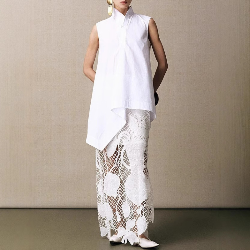 2025 New Summer Style White Stand Collar Sleeveless New Chinese Style Shirt
