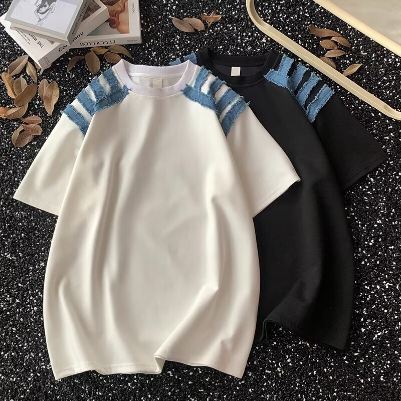 Summer Niche Shoulder Denim Design Men's Loose Short-Sleeved T-Shirt Trendy American Style Handsome High-End T-Shirt
