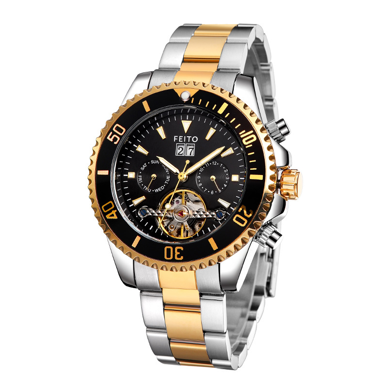 FEITO 8828 nuevo movimiento mecánico de la correa acero calendario hueco luminoso personalidad negocio moda reloj los hombres