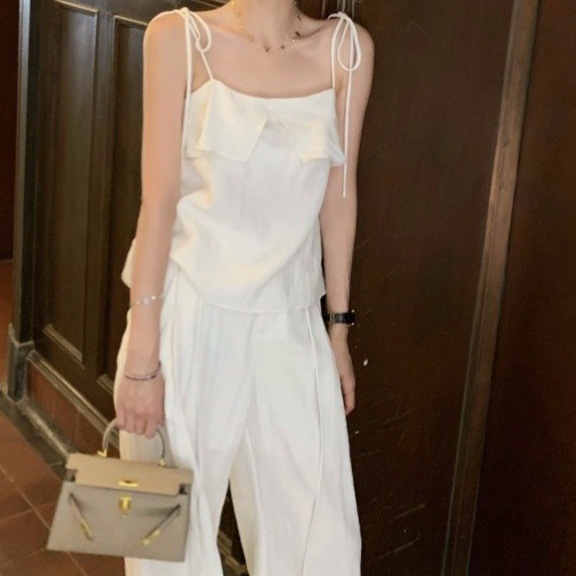 Casual Fashion For Women Summer Ruffled White Camisole Top High Waist Wide Leg Pants Two-Piece Set_ecoleips.com