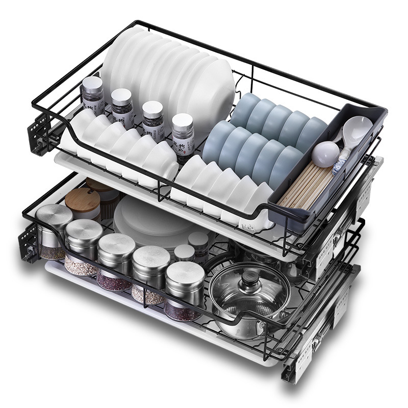 拉篮厨房橱柜双层抽屉式碗架碗柜304不锈钢碗篮阻尼碗碟篮厂家直|ms