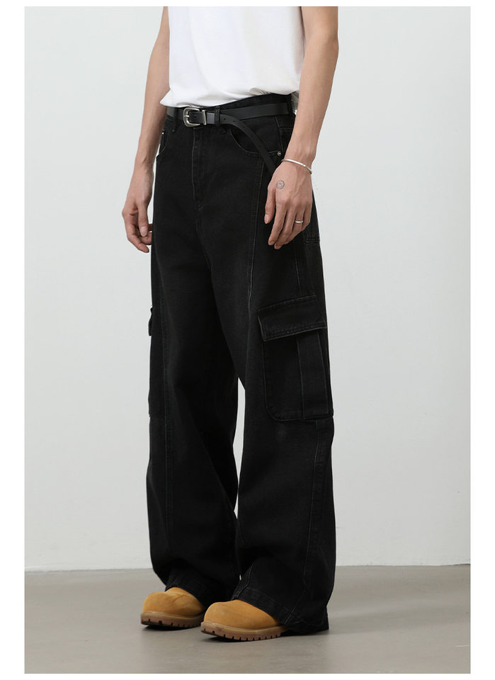 Quần jean nam ống rộng baggy phong cách retro Mỹ, nhiều túi khóa kéo, lưng giữa eo — màu xám đen chi tiết 18