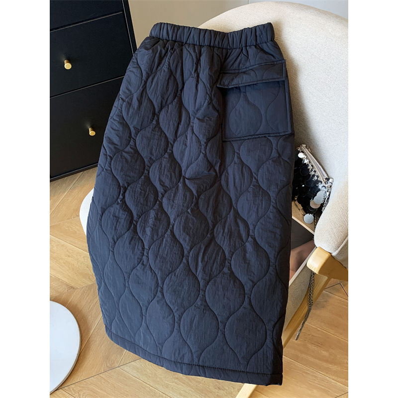 绒棉半身裙女冬季加厚保暖中长款夹棉包臀裙开叉一步直筒