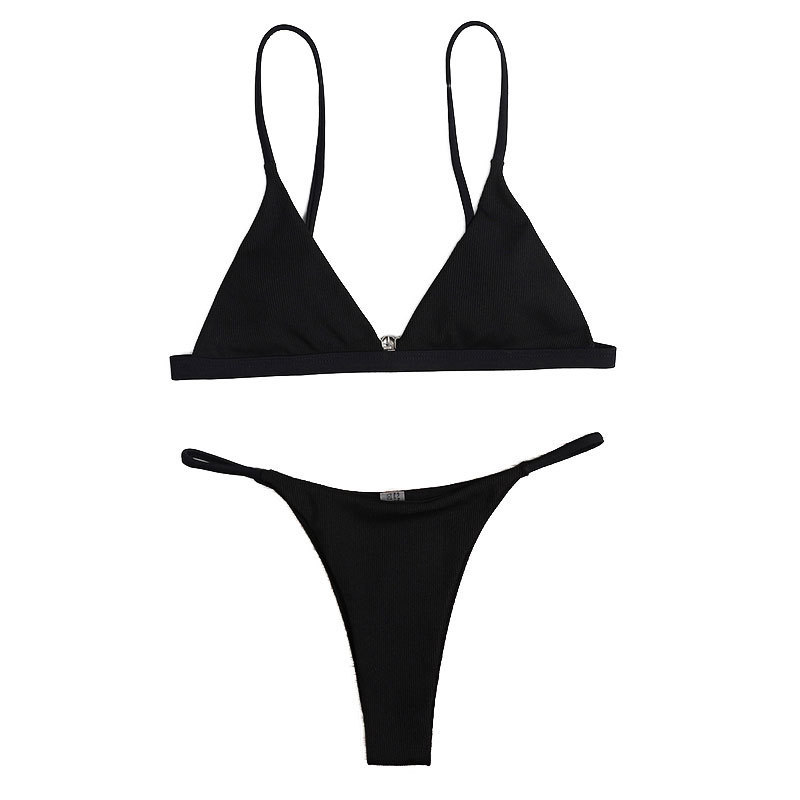 Bikini-Badeanzug für Damen, einfarbig, Riemchen, Neckholder, hohe Taille, sexy Bikini-Anzug_voghion.com