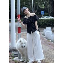 夏季时尚一整套女装2025新款韩系一字肩短袖衬衫高腰阔腿裤两件套
