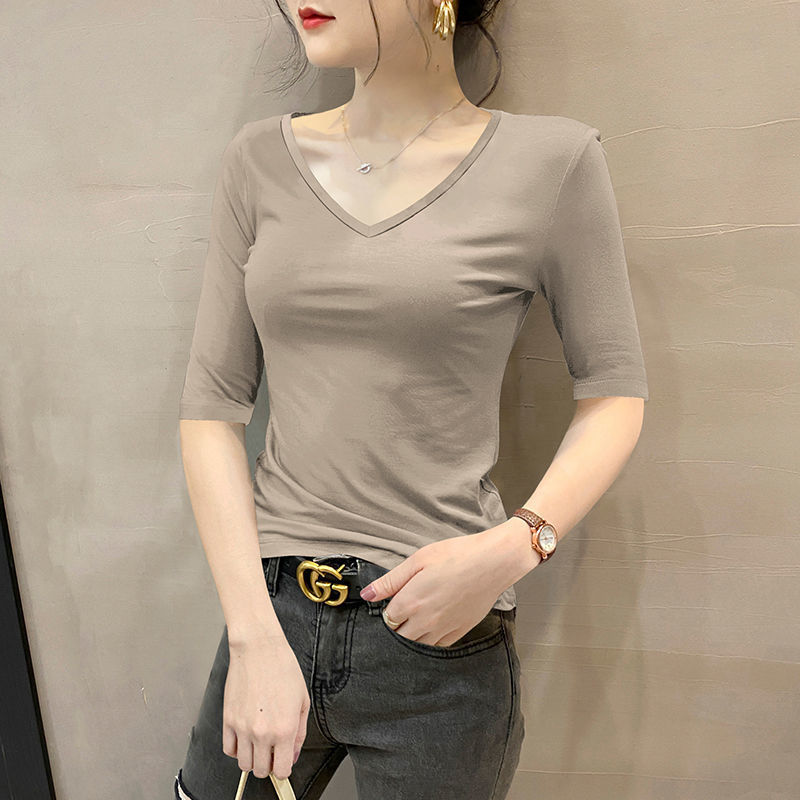 카키 [브이넥 미드슬리브] 모달