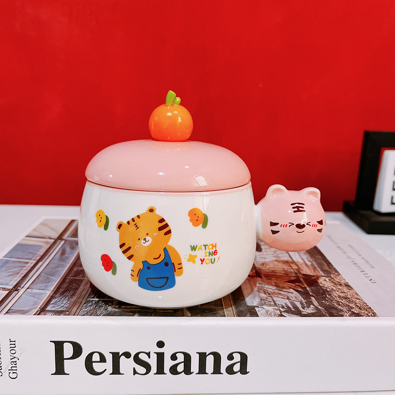 ins cute cartoon ceramic cup mug little tiger with lid and spoon water cup student gift holiday commemoration