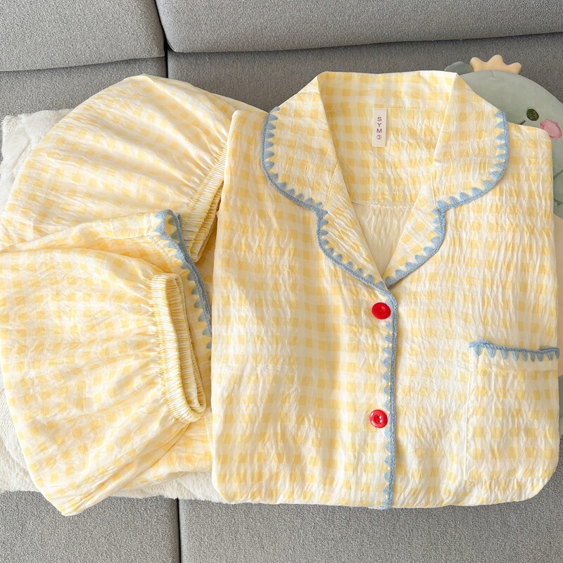 Cross-Border In-Stock Plus-Size Women's Pajamas for Spring and Summer, Short-Sleeve, Shorts, Lace, Cream Yellow Plaid, Young Girl Long Pants Three-Piece Set