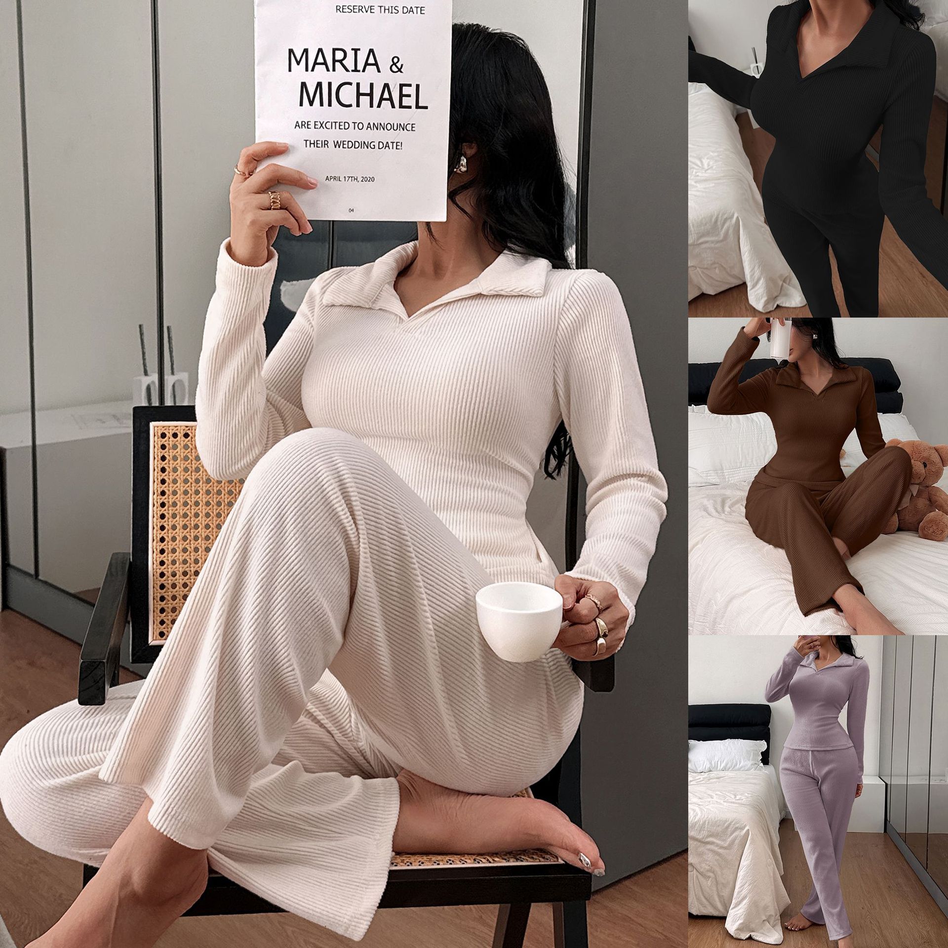 Damernas pyjamasset med polokrage och långärmad loungewear_voghion.com