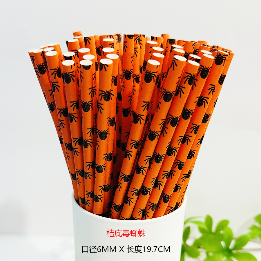 Una gran cantidad de pajitas de papel desechables al por mayor, pajitas de papel de Halloween, pajitas de papel degradables, calavera, calabaza