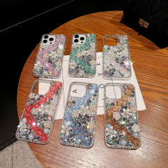 韓国風ラインストーンローズiPhone17Promaxスマホケース Apple 16対応 高級感13アクリル14女性向け