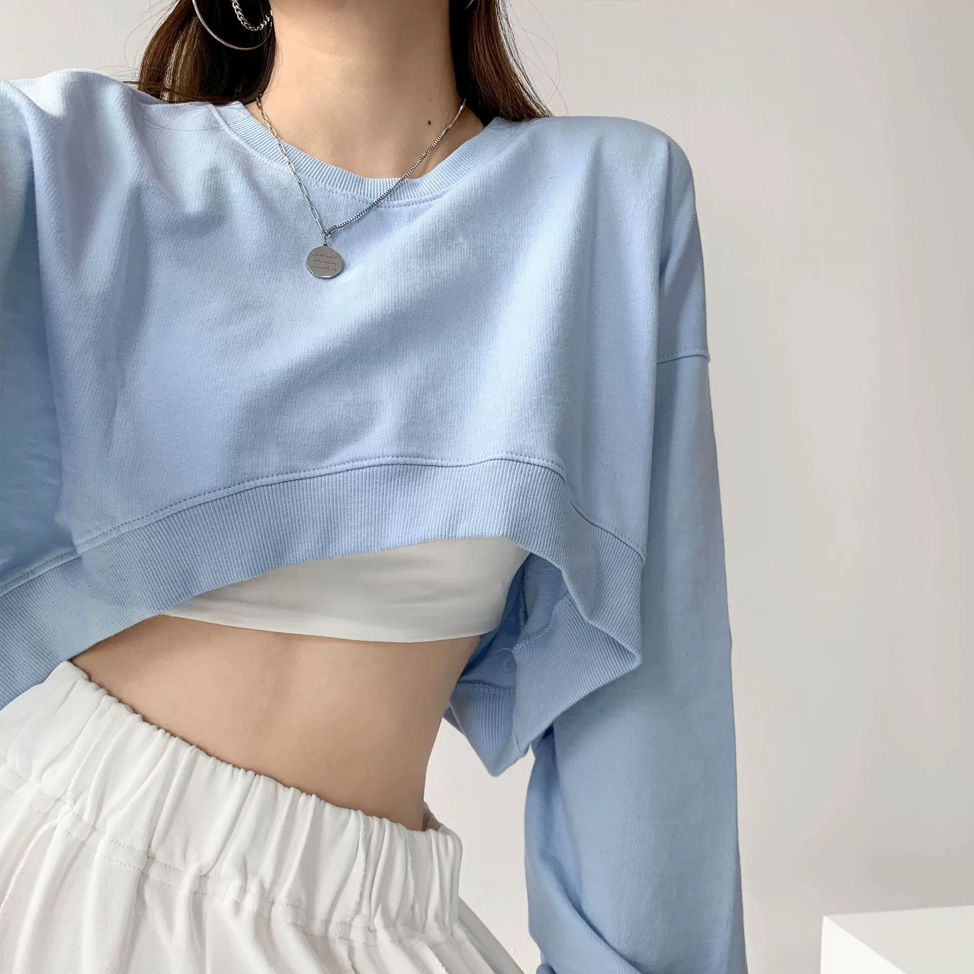 短款卫衣女2025秋季韩国纯色新款宽松圆领女士外贸长袖上衣女装潮