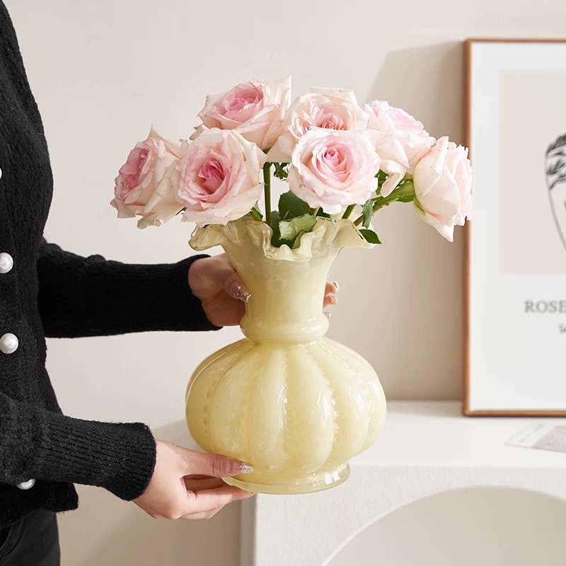 Ornamentación floral de la sala de estar vidrio esmaltado alto rosa cristal francés Fenton decoración creativa europea hecha a mano