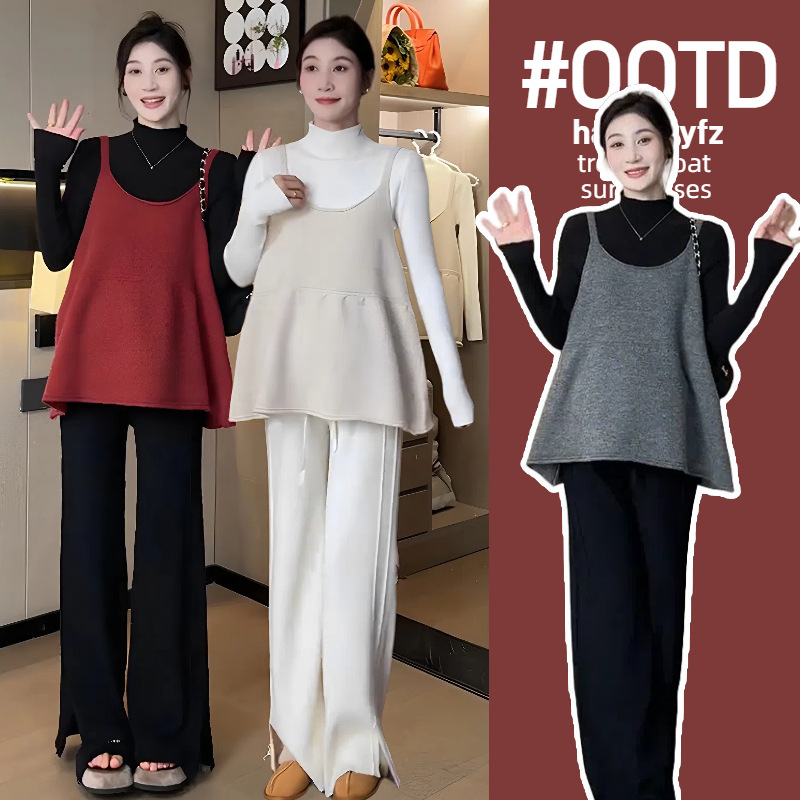 Maternity Autumn Korean Style Two-Piece Set 2025 New Lazy Style Loose Slimming Camisole Vest Half-High Collar Base Set Maternity Autumn Korean Style Two-Piece Set 2025 New Lazy Style Loose Slimming Camisole Vest Half-High Collar Base Set