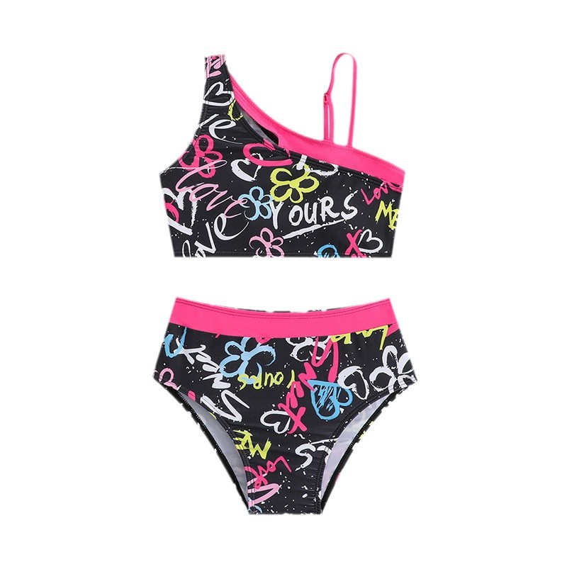 Traje de baño de dos piezas con estampado de grafiti "Sweet & Cool" con hombros descubiertos para niñas mayores, traje de baño con estampado de dibujos animados para la piscina y la playa._voghion.com