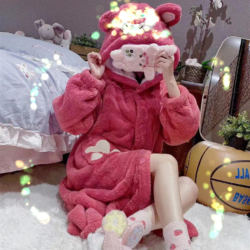 Thickened strawberry bear nightgown autumn and winter new can be worn outside ins wind with velvet thickened coral velvet bathrobe net red wholesale