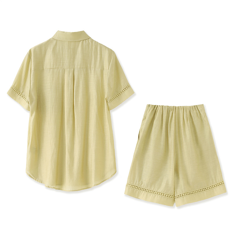 Áo sơ mi khoác pha vải lanh Tencel tay dài + quần short rộng thùng thình bộ hai mảnh mùa hè — Màu trắng chi tiết 16