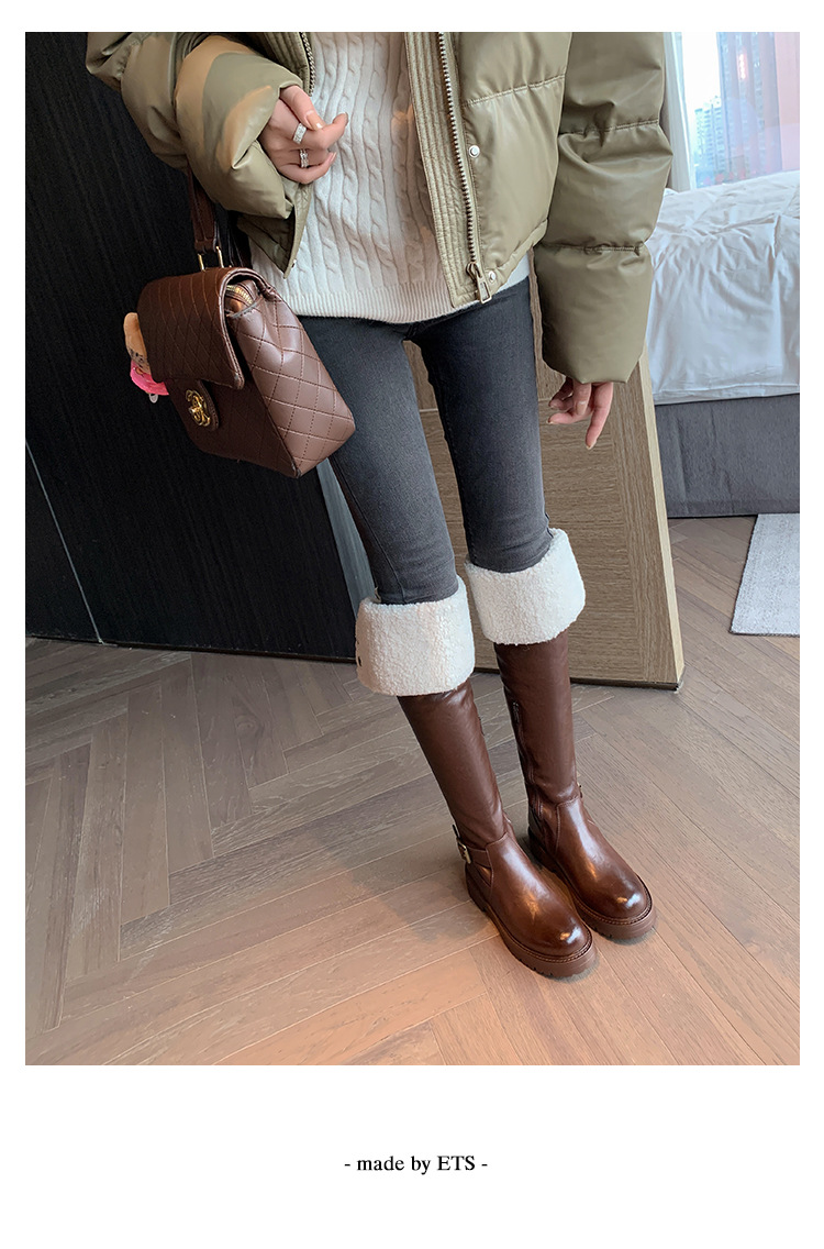 Boot nữ cổ cao qua gối hai lớp gấp gọn, lót lông cừu ấm áp, phong cách hiệp sĩ — màu đen chi tiết 29