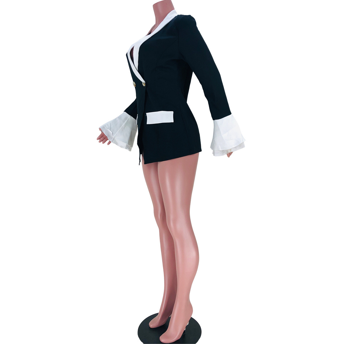 Women's Clothing autumn new black small for women solid color collar double breasted splicing flared sleeve suit jacket_voghion.com