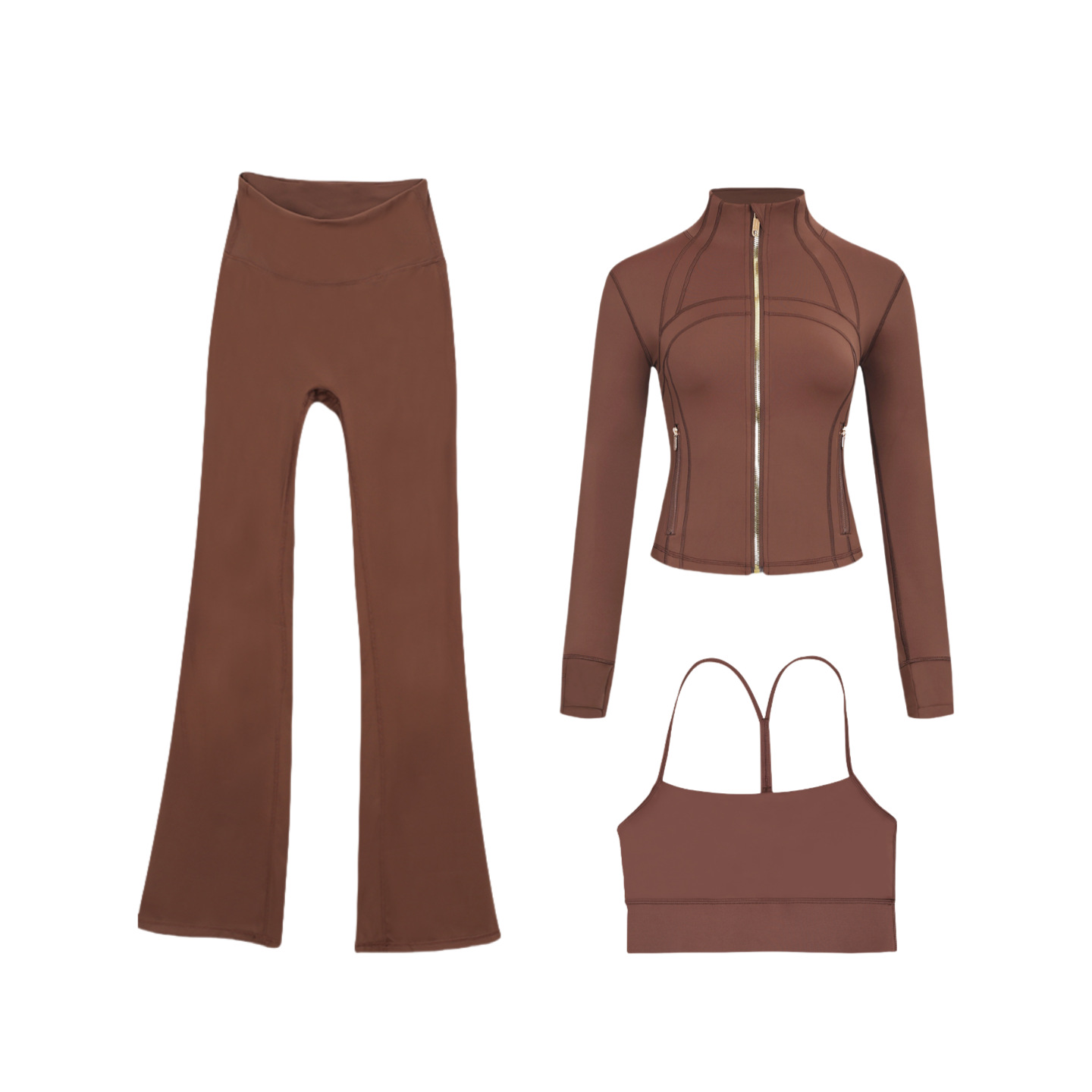 Women's 3-Piece Cropped Jacket & Flared Pants Set – Stand Collar Zip-Up Yoga Outfit With Y-Back Tank Top – Stretchy Nylon/Spandex Athleisure Wear