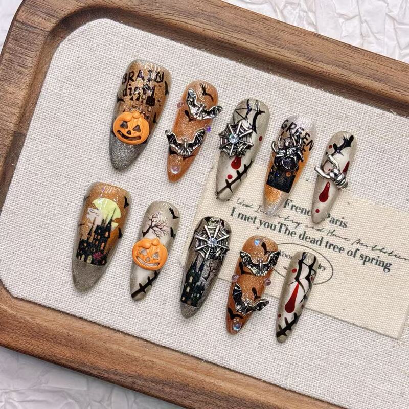 Pumpkin Horror Halloween New Product 2026 Long Style High-End Wholesale Purely Handmade Wearable Nails Caramel Pumpkin Horror Halloween New Product 2026 Long Style High-End Wholesale Purely Handmade Wearable Nails Caramel