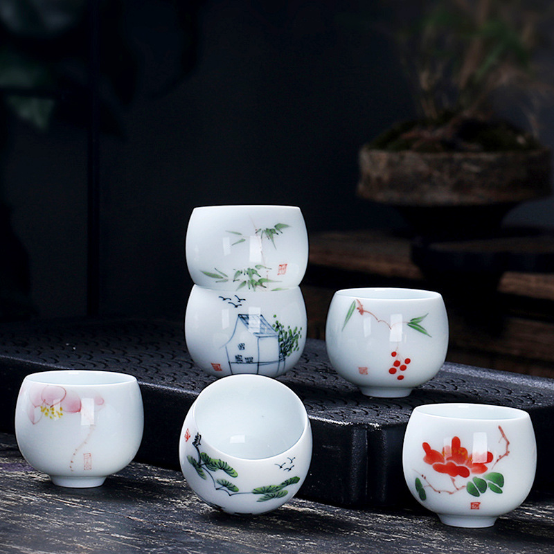 백자 찻잔 마스터 컵 한 장 손으로 그린 청과 흰색 차 컵 스위트 옥 수제 쿵후 차 세트 도자기 작은 차 그릇