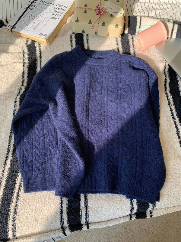 跨境十色入 超软糯舒服复古麻花辫简约纯色气质圆领套头针织毛衣|undefined