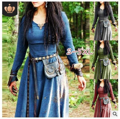 2024 Autumn/Winter Amazon Women's Solid Color Waist-Cinched Long-Sleeve Flared Dress Vintage Ethnic Style Round Neck Long Dress