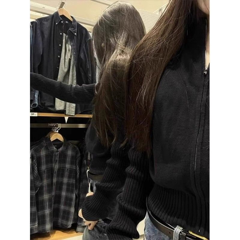 小香黑色半高领拉链针织开衫外套女装新款秋秋季穿搭外搭古着毛衣