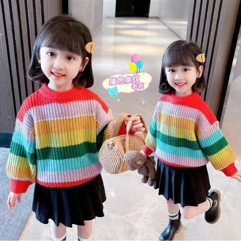 新款2022秋冬季童装女童彩虹毛衣儿童中小童针织衫长袖上衣套头衫