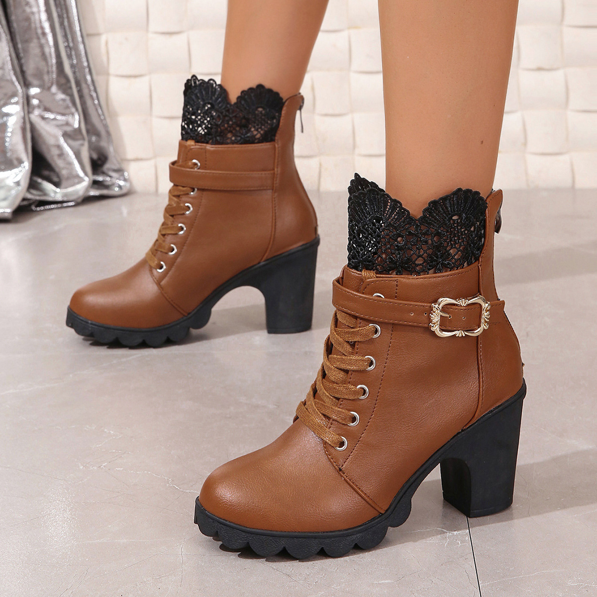 Short with belt buckles, high heels, round toe, lace straps, back zipper, thick soled women's boots_voghion.com