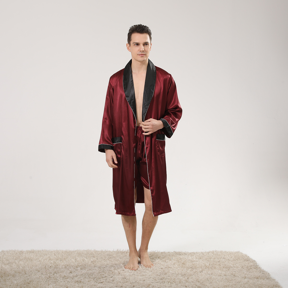 Cross-border American code men's silk pajama set summer thin long-sleeved nightgown large size bathrobe
