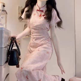 新中式国风粉色碎花改良短袖旗袍裙夏季新款日常修身气质连衣裙