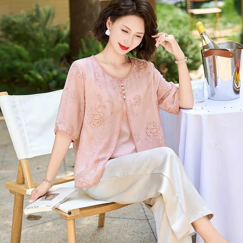 Mom Summer костюм модный средний и пожилой женский тонкий летний сшитый топ маленькая рубашка широкая нога брюки набор из двух частей